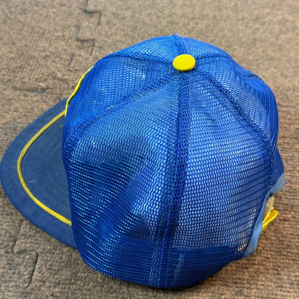 Vintage Michelin Man Trucker Hat Mesh Back Blue Yellow Bibendum Tire Promo Cap